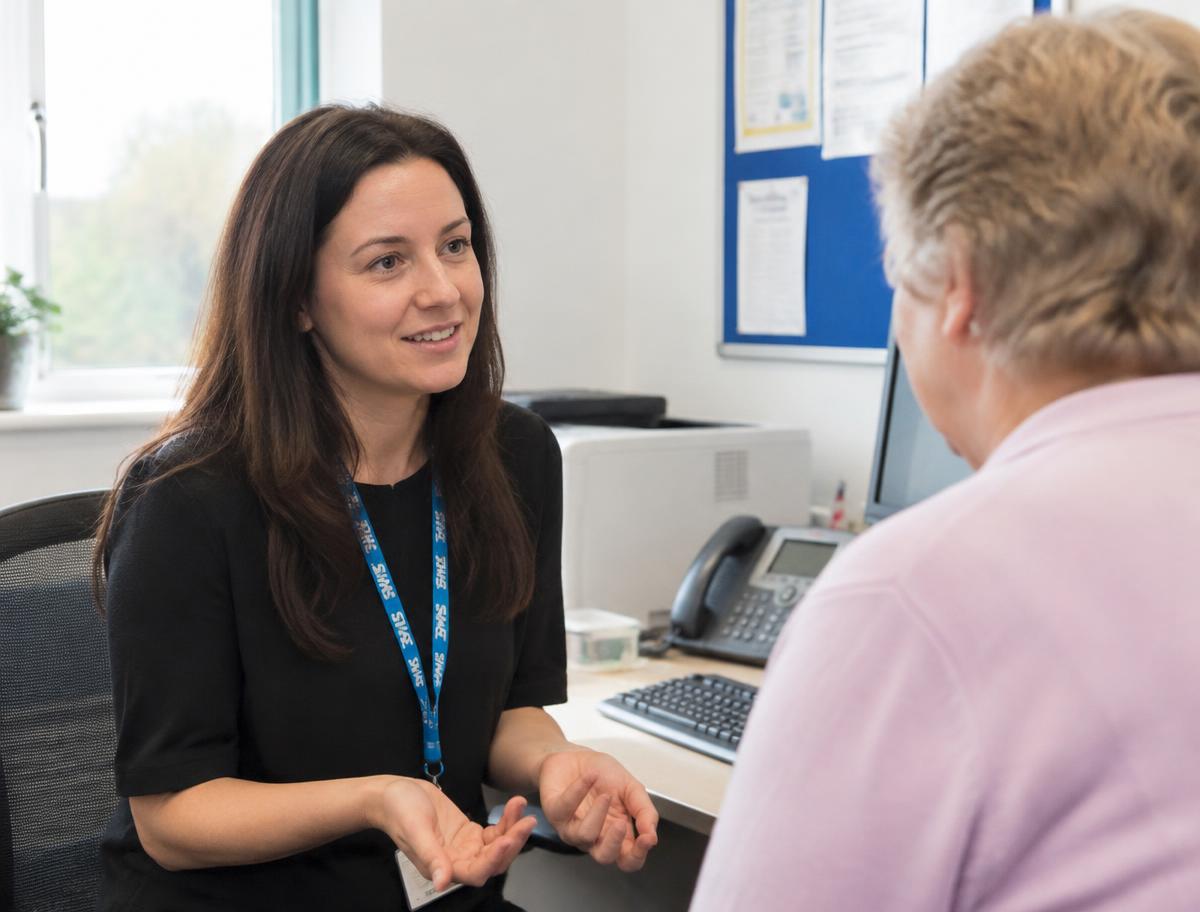 A social prescribing link worker talking with a patient in a practice office