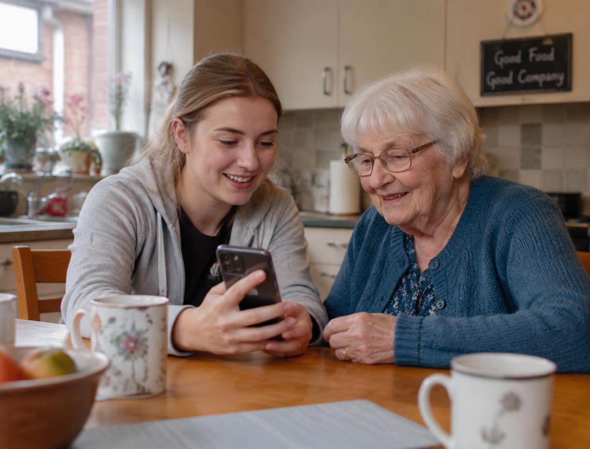 A Companion helping an older woman with her smartphone at a kitchen table