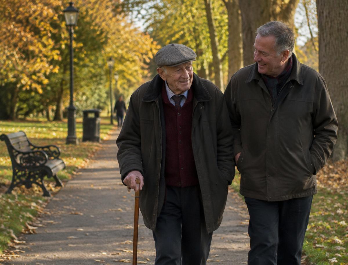 A Companion walking through a London park with an older gentleman